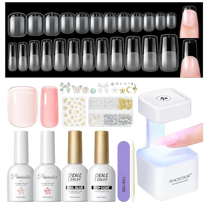 PEACECOLOR Square Gel Nail Kit, 240pc Short Medium False Nail Tips for Extension 2 Colors Jelly Gel Polish with U V Light Nail Glue Nails Art Stickers Rhinestones Easy DIY for Women Home Salon DIY