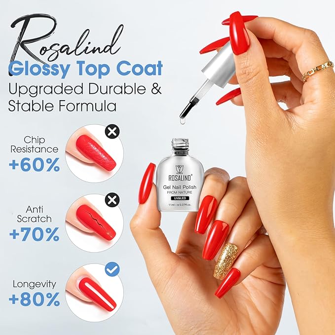 ROSALIND Clear Gel Top Coat, 2Pcs 11ml No Wipe Top Coat Gel Nail Polish Long-Lasting High Glassy Shiny,Need U V/LED Lamp for Home DIY Gift