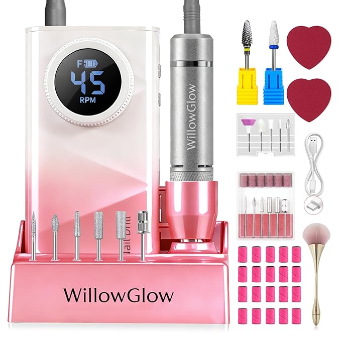 Professional Nail Drill with Charging Dock & Ceramic/Tungsten Bits, 45000RPM Stepless Speed Cordless Efile for Fast Acrylic Gel Removal, Electric Nail File Machine for Home Salon Use (Gradient Pink)