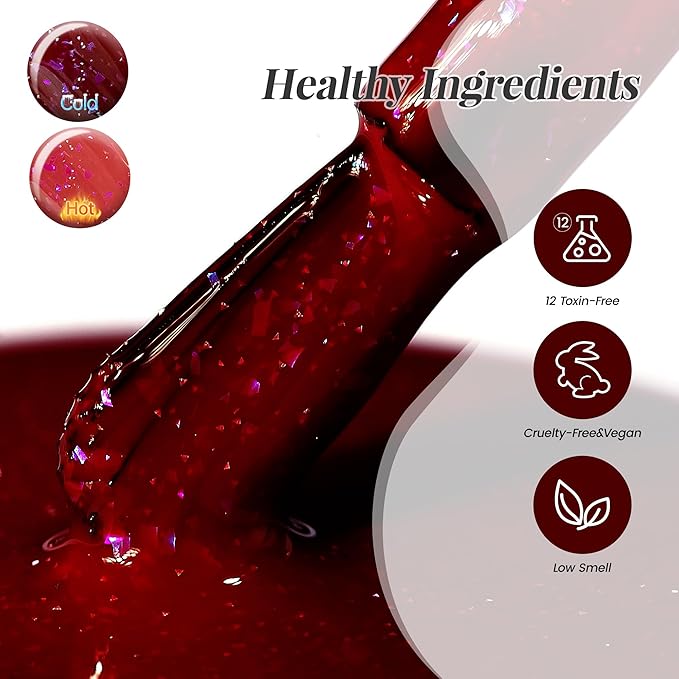 YTD Likomey Color Changing Gel Nail Polish,15ml Red To Burgundy Shimmer Brocade Glitter Mood Temperature Change Colors Iridescent Flakes,Ombre Thermal Fall Winter UV Varnish,WB350