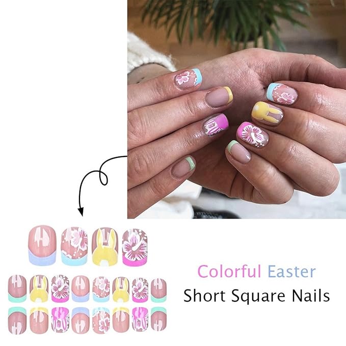 Easter Press on Nails Colorful French Tip Fake Nails with Designs Cute Yellow Bunny False Nail Glossy Full Cover Short Square Stick on Nails Easter Acrylic Nail for Women DIY Manicuare 24 Pcs