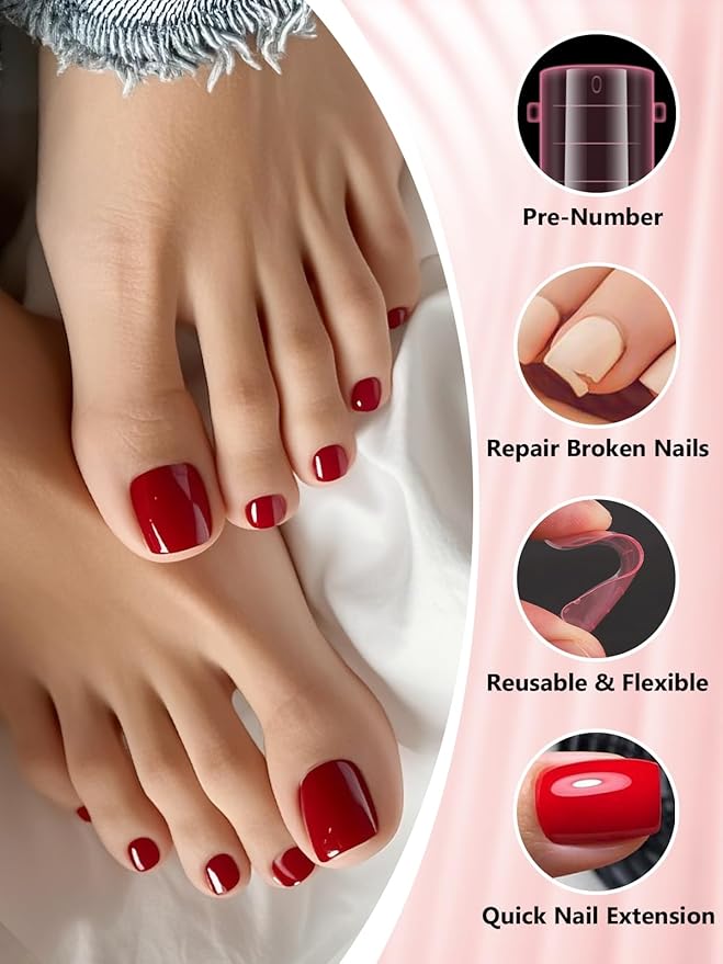 EBANKU Poly Gel Toe Nail Form Set, Reusable Toenails Dual Forms for Nail Extensions, Pink Poly Gel Toe Nail Tips with Dual-Ended Brush and Nail File, 5PCS Clips - 12 Sizes 120PCS