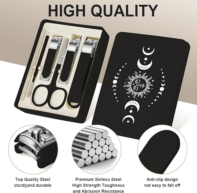 6-Piece Nail Clipper Set with Nail File, Tweezers and ingrown toenail Removal kit Travel Nail kit for Men and Women (Moon Black)