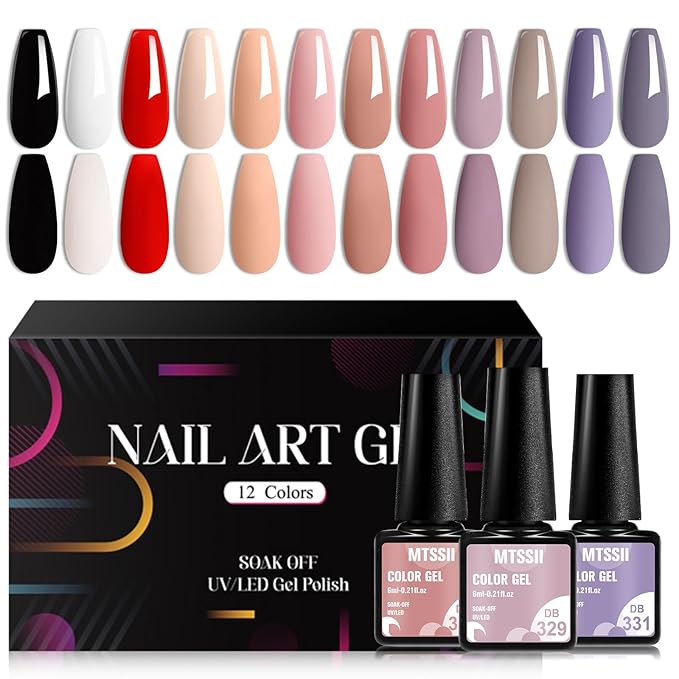 MTSSII Gel Nail Polish Set, 12PCS Nude Violet Black White Gel Nail Polish Kit, Soak Off UV/LED Nail Polish Nail Art Design Salon Home Gifts for Women