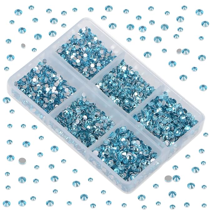 LPBeads 6000 Pieces Lake Blue Non Hotfix Rhinestones 6 Sizes Round Crystal Glass Flat Back Rhinestones with Tweezers and Picking Pen for Nail Art Crafts Clothes Bags DIY