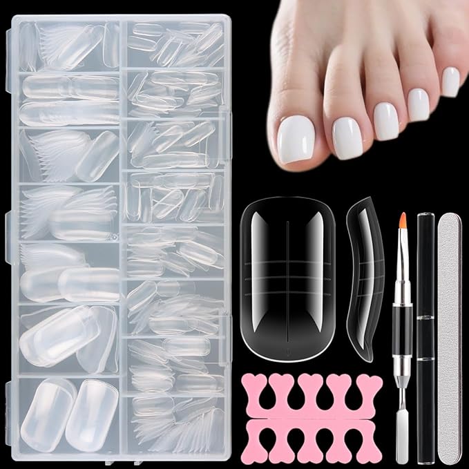 300PCS Toenail Extension Dual Form for Poly Gel, Full Cover Square French Tips Reusable Molds for Pedicure Nail Art Builder Tools with Brush Nail File Separators Salon Supplies
