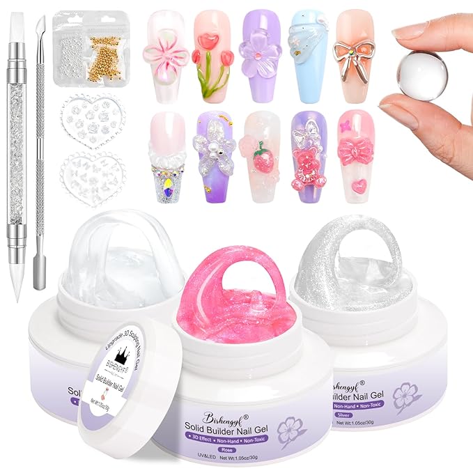 Solid Builder Gel for Nails BISHENGYF: 30g Sculpting Gel Non-Sticky Clear Rose Sliver Aurora Glitter 3D Nail Art Hand Carving U V/LED Extension with 3D Mold Art