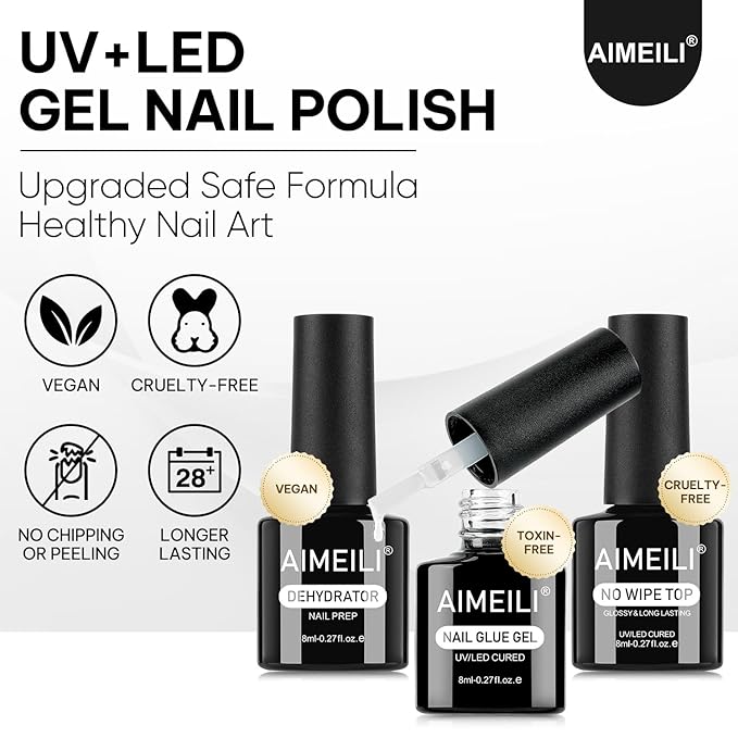 AIMEILI Nail Glue Gel with Top Coat and Prep Dehydrator 3 PCS, Hema Free, Cruelty Free, Vegan, Clear High Gloss Gel Nail Polish Long Lasting Nail Art