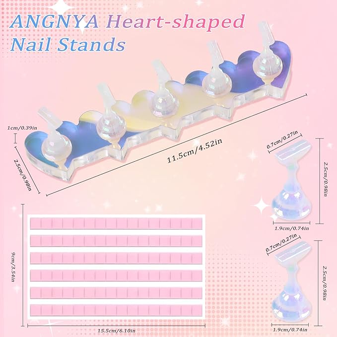 ANGNYA 2 Set Heart-shaped Nail Holder for Press On, Aurora Nail Stand with Reusable Adhesive Putty Clay Strong Magnetic Display Art Stand