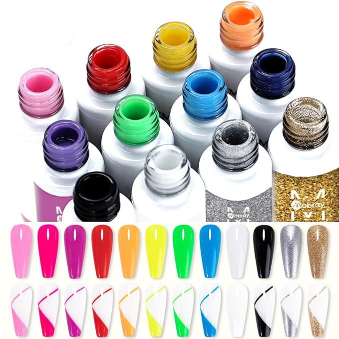 Nail Art Liner Gel Polish Set, 12 Colors Kit With Neon Pink Green Painting and Thin Brush, Soak off Black White Drawing for French Tips, Wave Swirls Nail Design
