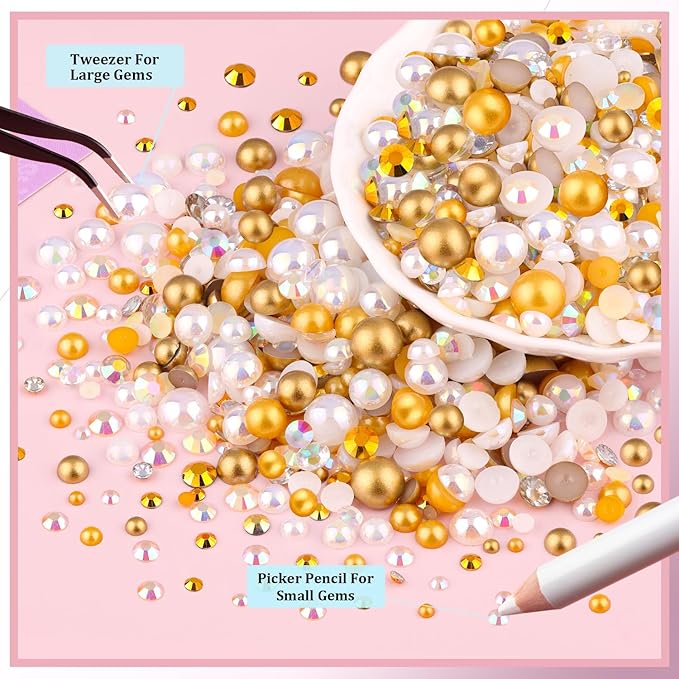 14000Pcs Flatback Pearls and Rhinestones for Crafting, White Brown Mixed Size 3-8mm Resin Rhinestones and Half Pearls for Bedazzling, Nail Art and Decoration with 3pcs B7000 Jewelry Glue
