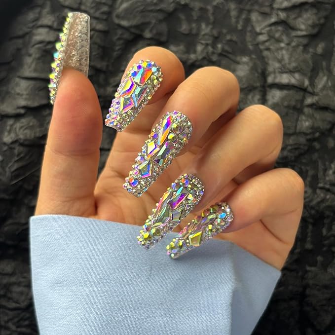 Trendy Handmade Press On Nails Long Square Shape,10Pcs Crystal AB Diamonds Acrylic Fake Nails with 3D Rhine Stone Luxury Design Stick On Nail for Woman Gift