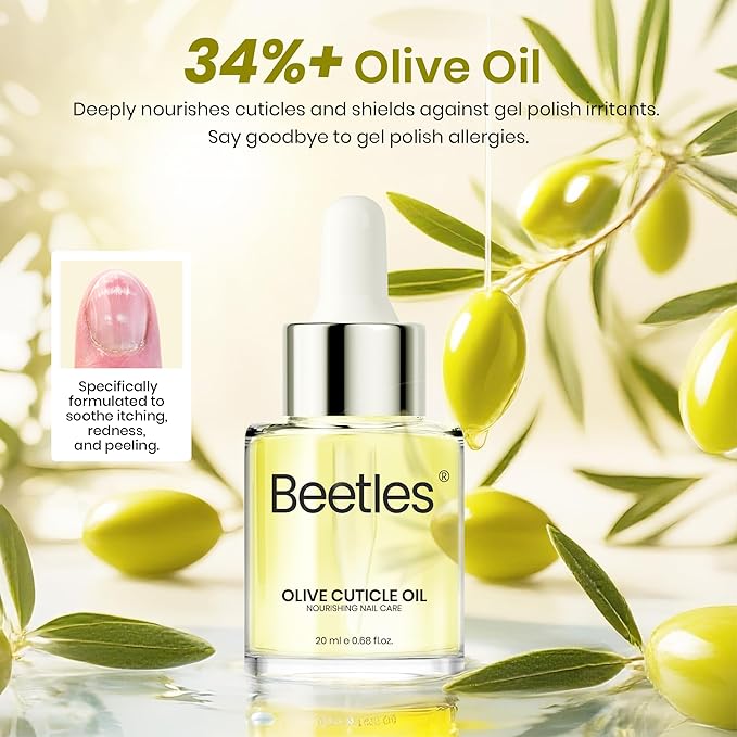 Beetles Cuticle Oil for Nails 20ml, Olive Nail & Cuticle Care Oil, Nourishing Hydrating Cuticle Treatment, Strengthen and Repair Dry Cracked Cuticles, Moisturizing Nail Oil for Manicure