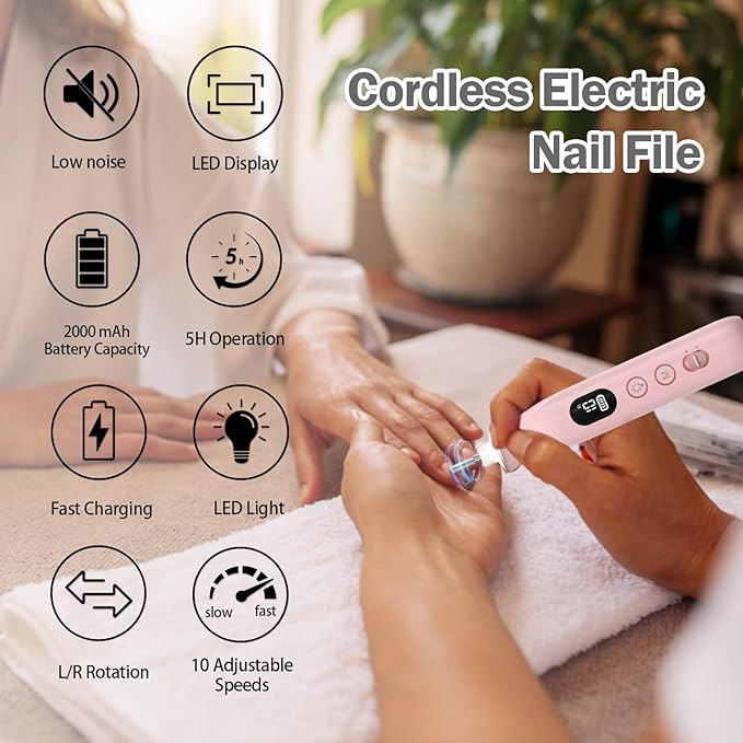 Electric Nail File, 10 Speeds Cordless Nail Drill with LED Light, Portable Manicure Pedicure Kit for Acrylic Gel Nails Thick Toenails Nail Grind, Hand Natural Nails Care - 10 Bits & 120 Sanding Bands