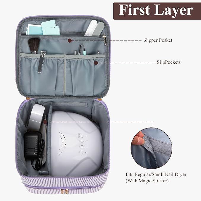 Nail Polish Organizer Aesthetic Nail Organizers and Storage, Bow Nail Supplies Kit Organizer Travel Carrying Case for Manicure Tools (Stripe Purple, 2 Layer)