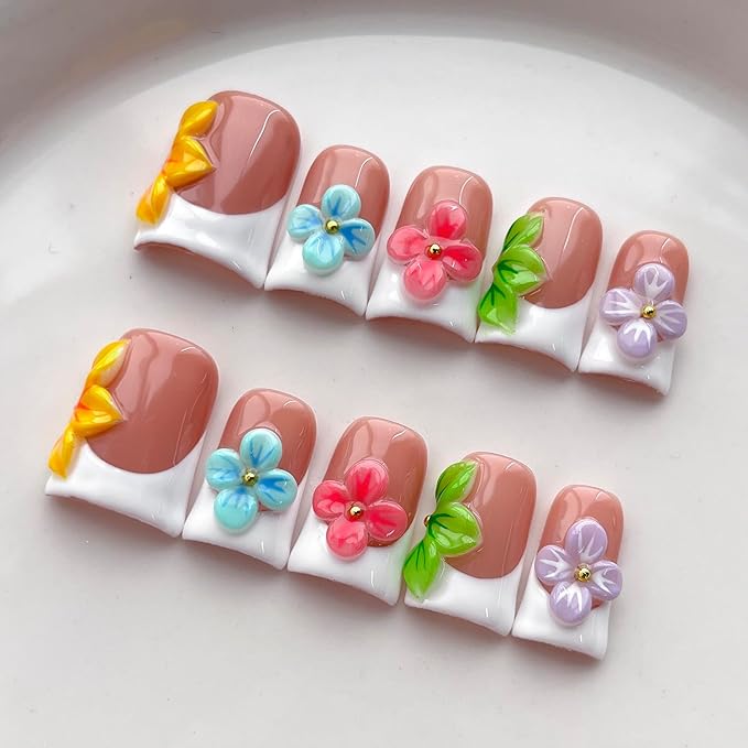 White French Tip Press on Nails Handmade Short Duck 3D Flower Thick Acrylic Nails Cute False Nails with Colorful Floral Designs Glossy Fake Nail Sturdy Art Press on Nail 10Pcs(S)