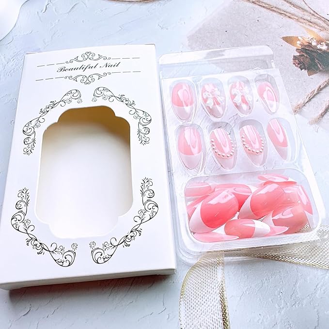 24 Pcs French Tip Press On Nails - Short Almond Bow Fake Nails with Pearl Designs - White French Tip False Nails - Reusable Artificial Nails for Women & Girls