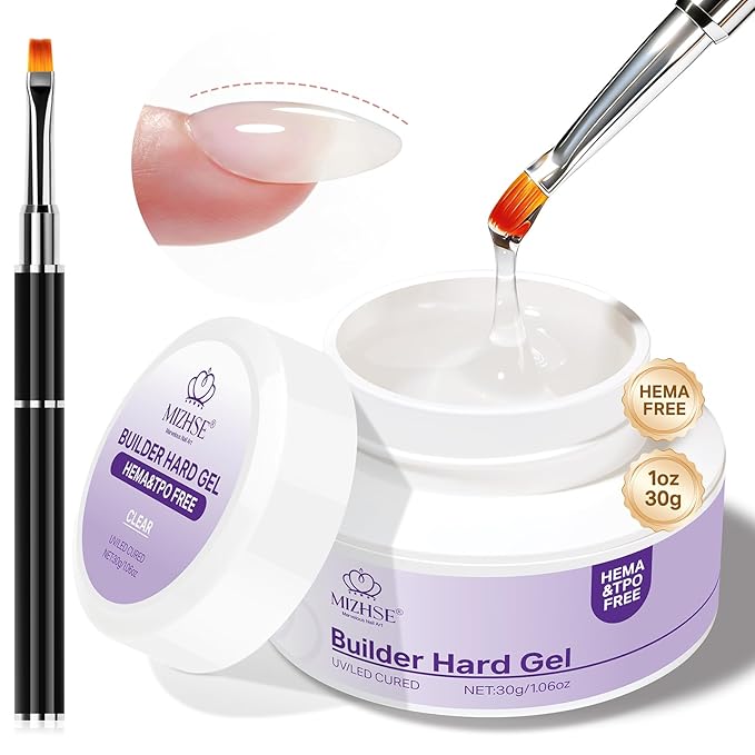 MIZHSE HEMA-Free Hard Gel for Nails-1.06oz Clear Builder Gel Nail Stengthener U V/LED Extension Gels for Nail Repair for DIY Home Salon Women Gifts Lamp Cured