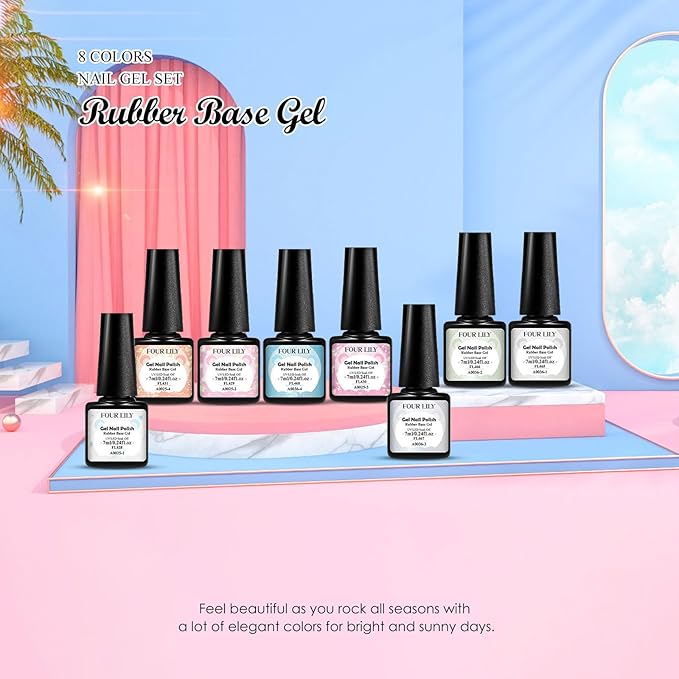 Rubber Base Builder Colors Set, Brocade Pink White Strengthener Builder Extension Gel Polish Pearlescent Off-white Blue Milky Soak Off UV LED Gel Nail Kit Manicure Gift