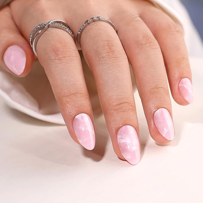Gel Press On Nails Short- Almond Press On Nails, Short Fake Nails with Marble Designs, Artificial Nails 16 Sizes - 32Pcs Reusable Soft Gel False Nails Tips Kit，Glue On Nails Short