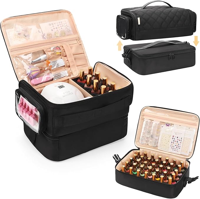 OCHEAL Nail Polish Organizer, Holds Nail Lamp and 45+ Bottles 2-in-1 Nail Polish Storage Case,Detachable Nail Techs Gel Kit Supplies Carring Bag for Manicurist Tools 45-Slot Nail Holder-Black