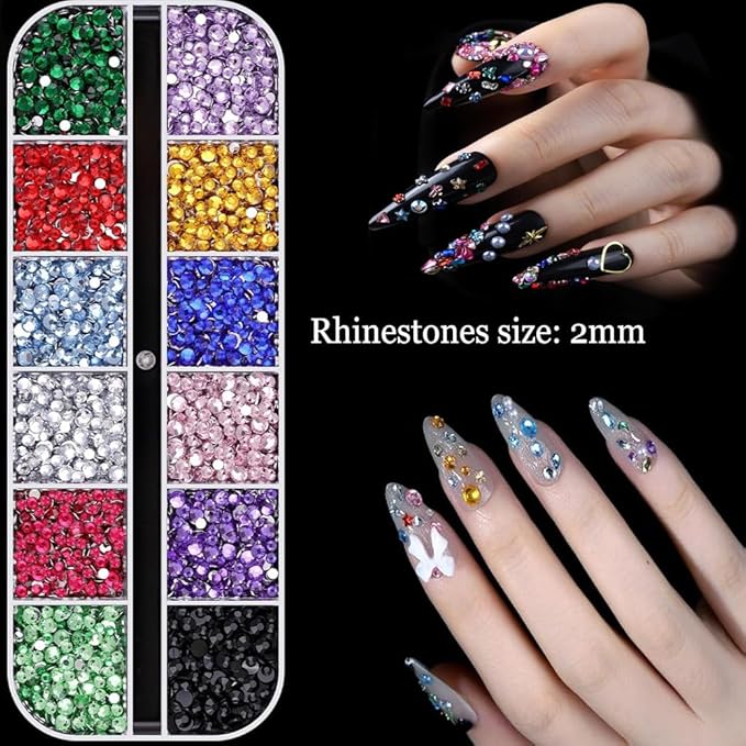 Nail Charms,Nail Rhinestones Kit with 4 Boxes of Nail Gems,Colorful Clear Flatback Rhinestone,3D Charms for Nails 3D Nail Art Design Kit Nail Decorations for Women