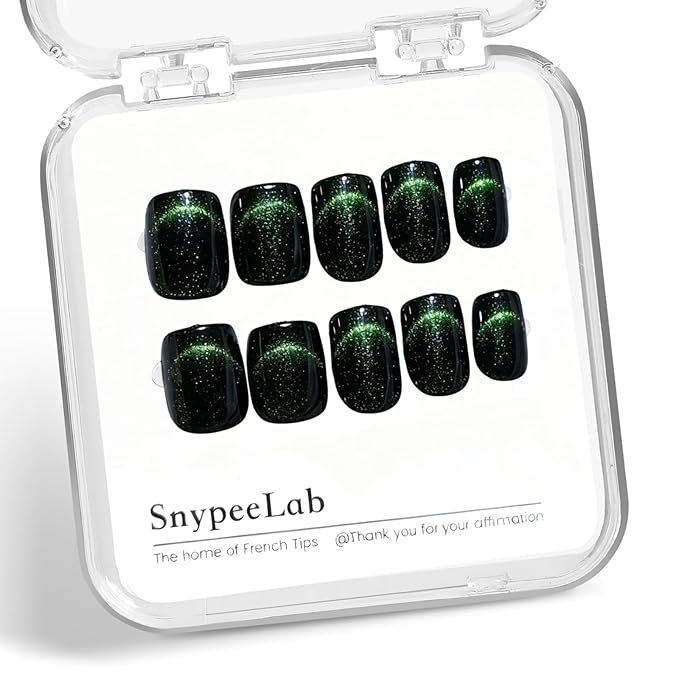 Press on Nails Short Square, Green Cat Eye Nails, St. Patrick's Day Nail, Glue on Nails Short, Football Nail, French Tip Smile Line Cat Eye Nails, Reusable, Acrylic 30Pcs(Green)
