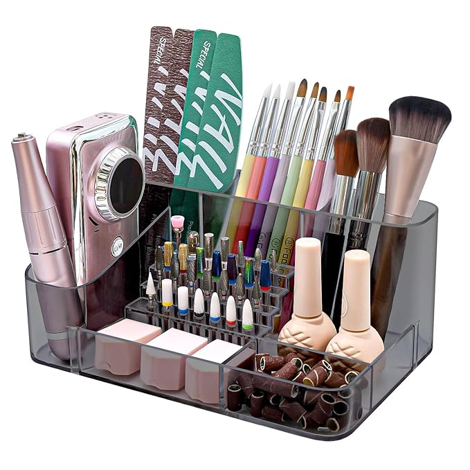 ANRUI Nail Drill Holder, 28 Holes Nail Drill Machine & Bits Storage Box, Acrylic Nail Drill Bit Holder, Professional Nail Drill Organizer Box for Manicure Tools - Grey