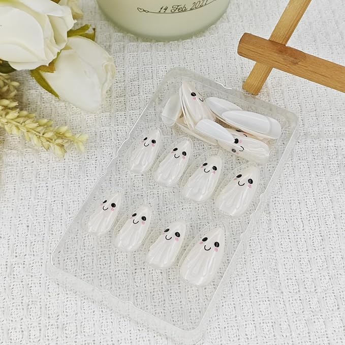 Halloween Press on Nails | Medium Almond Fake Nails with Smiling Ghost Designs,Reusable, Glossy Acrylic | 12 Sizes - 24 Nail Kit with Jelly Glue
