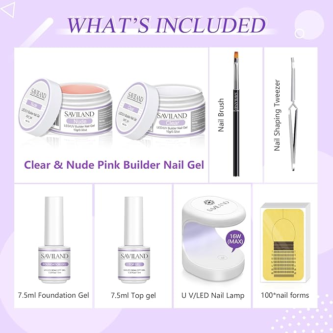 SAVILAND Gel Nail Glue 2pcs 15ML with 2 Basic Colors Nail Extension Kit Clear Nude Nail Strengthen Gel