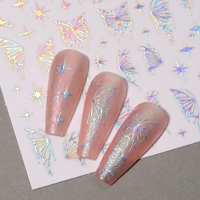 SILPECWEE 6 Sheets Butterfly Nail Stickers - 3D Nail Art Decals, Metallic Silver Aurora Retro Designs, Self-Adhesive Manicure Stickers