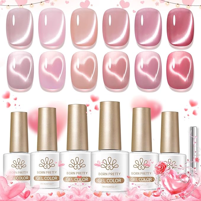 Born Pretty Pink Cat Magnetic Eye Gel Nail Polish,6 Colors Jelly Nude Light Pink Glass Crystal Glitter Shimmer Magnetic Gel Polish, Soak Off U V Gels Valentine's Day Manicure Collection