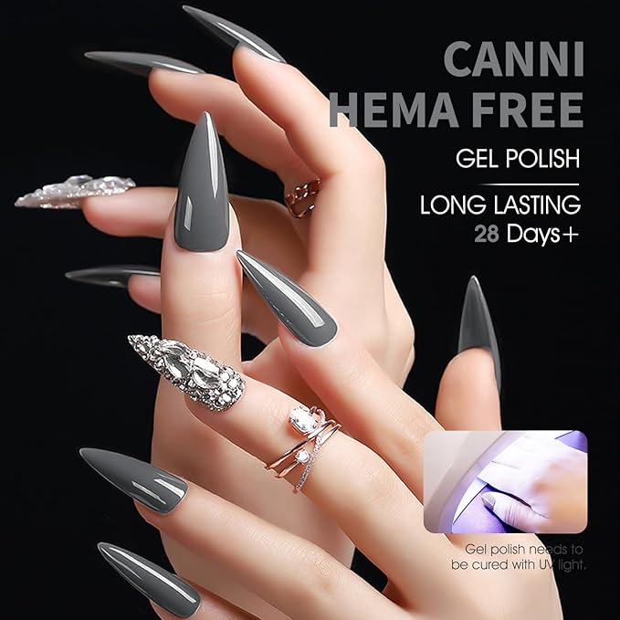 CANNI Grey Gel Nail Polish, Dark Grey Gel Polish Color High Gloss Soak Off U V French Nail Manicure Salon DIY