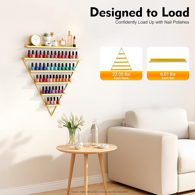 10PCS Gold Wall Mount Nail Polish Display Racks, 5 Tier Triangular Nail Polish Racks for Salon and Shop, Includes Horizontal Bars for Nail Polish and Cosmetics Storage