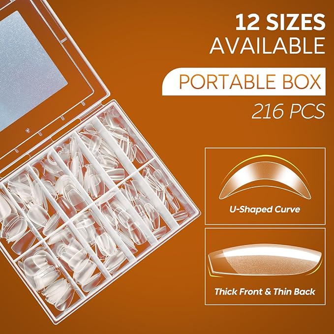 Nicedeco Coffin Nails Tips 216pcs Soft Gel Nail Tips Full Cover False Nails Pre-shaped Clear Acrylic Press on Nails 12 Sizes - 010