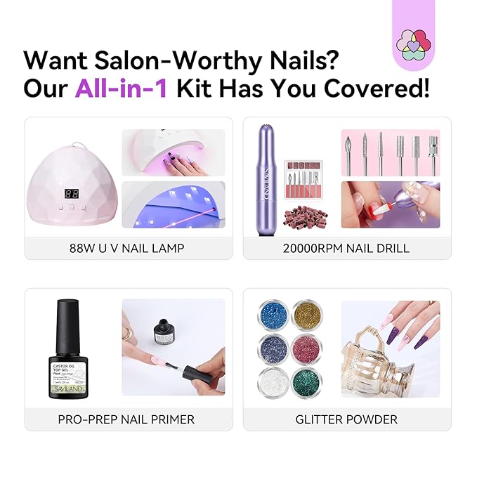 SAVILAND Acrylic Nail Kit: All-In-1 Nails Kit Acrylic Set with 88W Nail Lamp EMA Monomer Gel Nail Polish Nail Drill Cuticle Remover Home DIY Starter