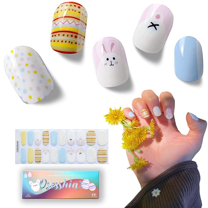 Semi Cured Gel Nail Strips, 20 pcs Nail Wraps, Glaze Stickers, Salon Quality French Manicure, Full Decal Gel Polish Strips, Long Lasting SCG, Easy on, UV Required (Easter Bunny)