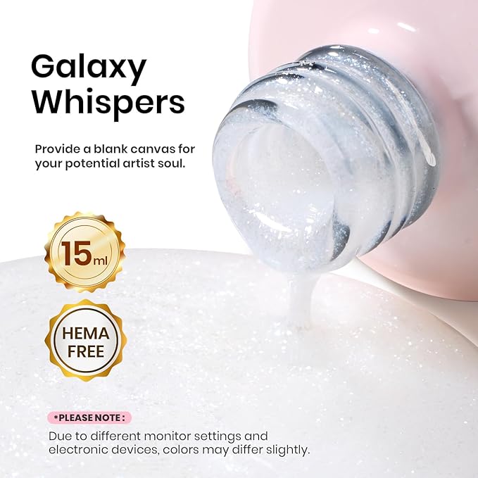 Beetles Builder Gel for Nails HEMA-Free,0.5 oz 8 in 1 White Glitter Builder Nail Gel for Thickening Apex Building Strengthener Extension LED/UV Lamp Galaxy Whispers Color DIY Salon for Begginer