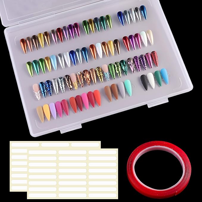Nail Swatches Storage Box Press-On Nail Display Organizer Large Transparent Fake Nail Packaging Case with Double-Sided Adhesive Tape for Manicure Studio Salon Supplies