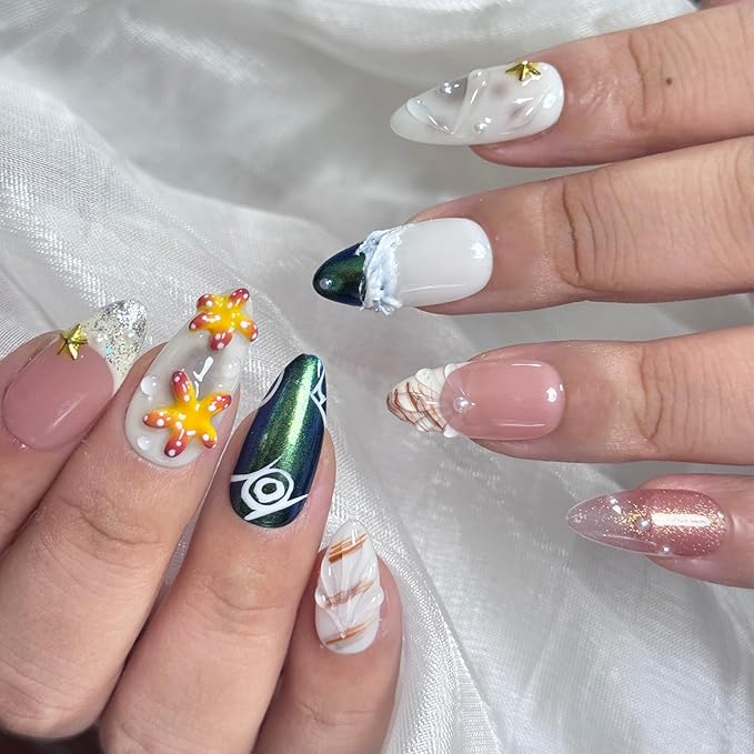 Handmade Press On Nails – 3D Almond Press On Nails Mermaid Chrome Nails with Pearl Shell, Starfish & Sea Life Designs | Reusable Fake Nails Kit (Seabed World, 10Pcs)