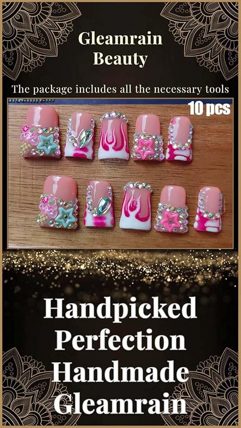 Handmade Press on Nails short Square Shape M Size/Gleamrain Luxury Duck Hand Made Cute Acrylic Glue on Nails With Rhinestones and Flower Design Duck Nail for Women and Girls 10 Pcs