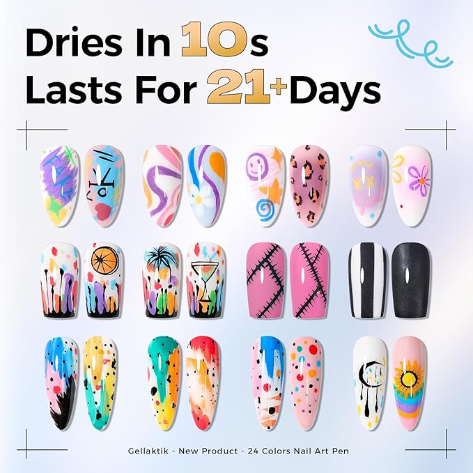 24 Colors Nail Art Pens Set, Professional Nail Polish Markers with Fine Tip & Dotting Brush, MarkerPen Quick-Drying 3D Acrylic Paint for DIY Nail Art Design, Home and Salon Manicure Tools