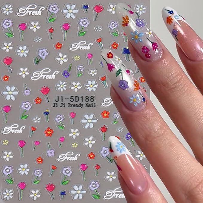 Flower Nail Stickers for Nail Art Flowers Nail Art Stickers Summer Floral Bouquet 5D Embossed Nail Decals Self-Adhesive Nails Supply Manicure Sliders Flower for Nails Decoration 4 Sheets