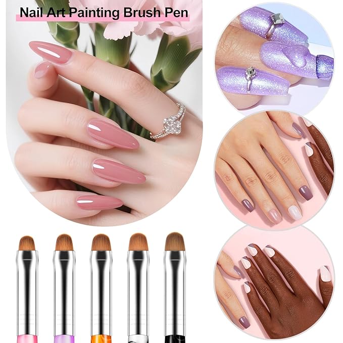 Nail Art Brushes Set, 5PCS Nail Design Painting Brush Set with Nail Polish Brush,French Nail Extension Gel Brush & Builder Nail Gel Brush,Carved Brush,Multi-Size Dotting Pens for DIY Nail Art