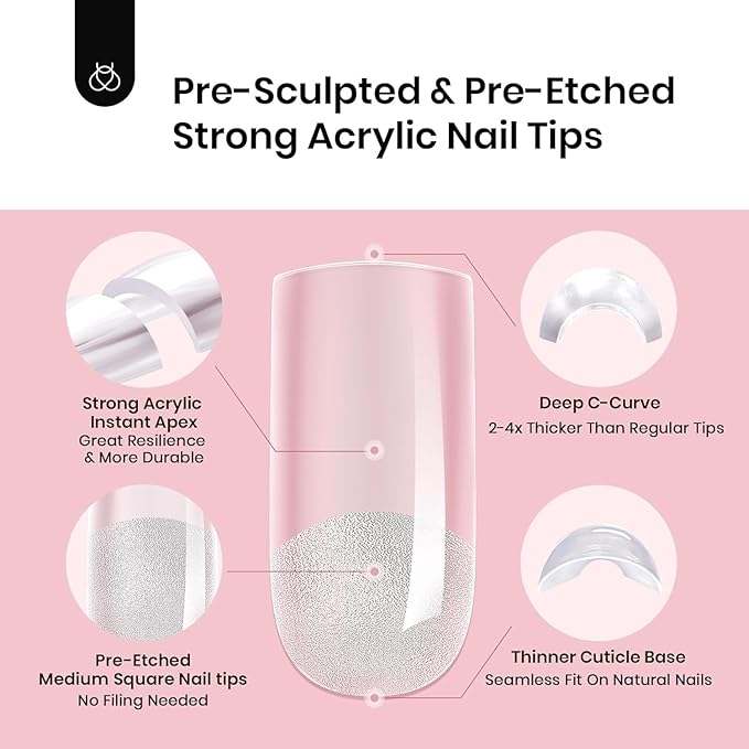 Beetles Tipex Nail Kit, Square Medium Nail Tips 224 Pcs 16 Sizes Pre-Etched Fake Nails with Tipex Nail Glue Mini Nail Lamp - Thick Acrylic Nail Set Pre-Builder Gel Press-on Nails