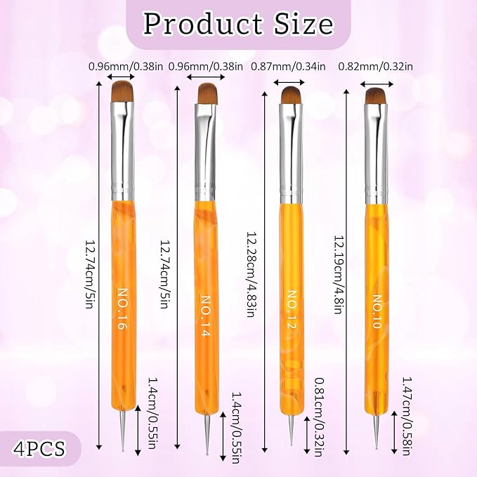 4pcs French Gel Nail Art Brush Acrylic Two Way Nail Art Brush with Dotting Professional Manicure Tool for Manicure Cuticle Clean up Detailed Designs Nails Dotting Pen (10#, 12#, 14#, 16#)