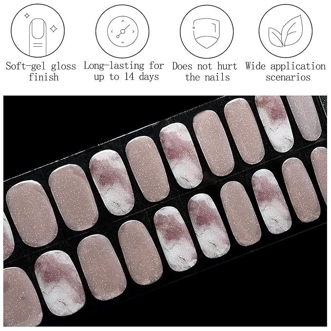 Light Pink Semi Cured Gel Nail Strips 20Pcs Gold Glitter UV Gel Nail Stickers with Design Glossy Marble Nails Polish Strips UV/LED Light Needed Full Polish Self Adhesive Nails Wraps for Women