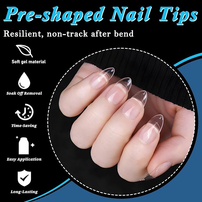 240pc Extra Short Gel Nail Tips Almond Fake Nails Clear Press ons Nail, XS Short Almond Nails Tips Acrylic Nails Extension Soft Gel Nails Tip Full Cover False Nail Clear Artficial Fingernails
