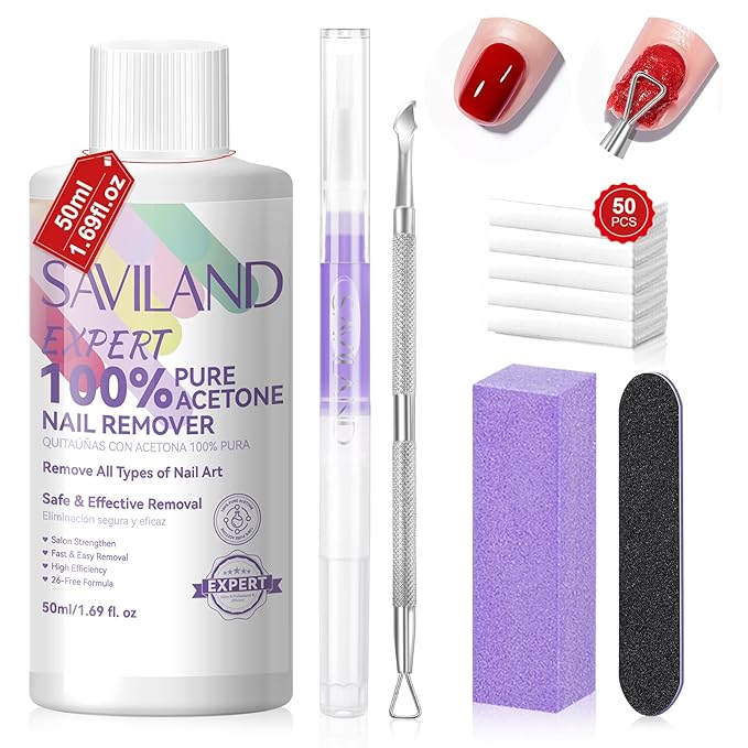 SAVILAND Nail Polish Remover Kit: 50 ML Acetone Nail Polish Remover Non-Drying Expert Gel Remover with Cuticle Oil & Tools Quick Removal for Nails Polish Acrylic Dip Powder DIY Salon