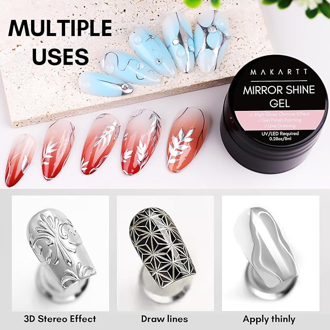 Makartt Mirror Shine Gel 8ml, Silver Metallic Chrome Painting Gel Nail Polish for Nail Art, 3D Line Art & French Tips, Soak Off UV/LED Cure, High Gloss Mirror Effect
